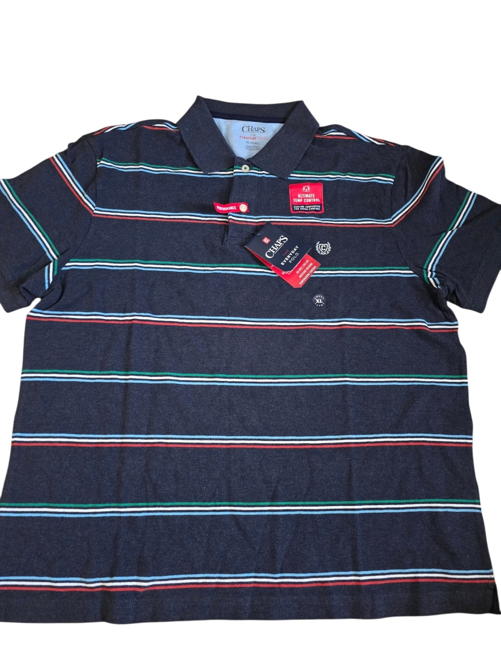 Chaps Navy Polo with Red, Green & Light Blue Stripes